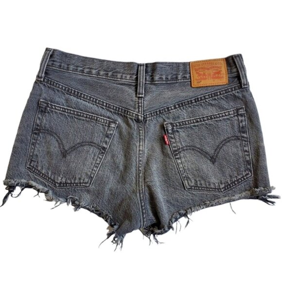 Levi's 501 Dark Wash Distressed Jeans Short Size 28 - Picture 2 of 8